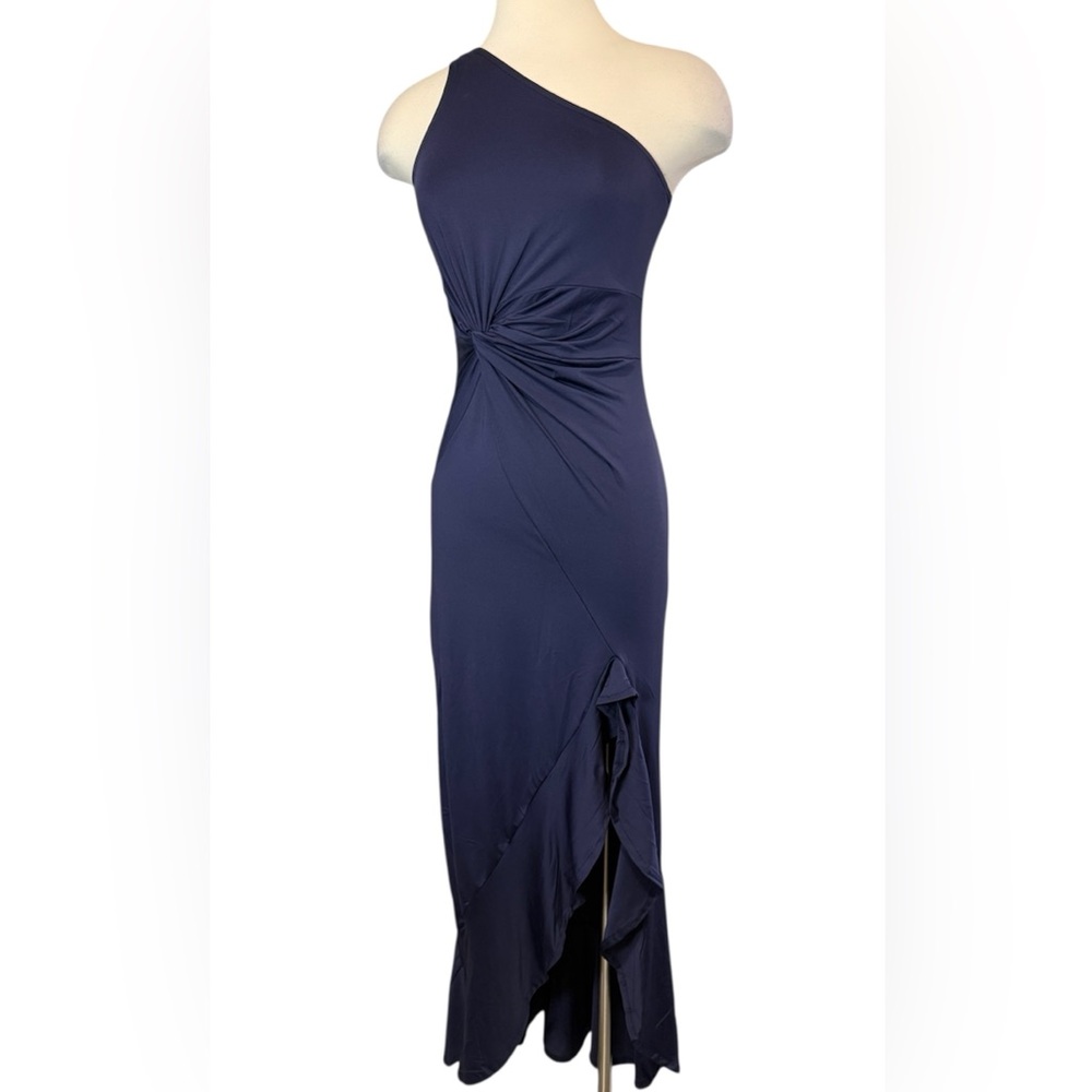 Belle Asymmetrical Neck Solid Color Twist Knot Elegant Dress Blue Small NWOT